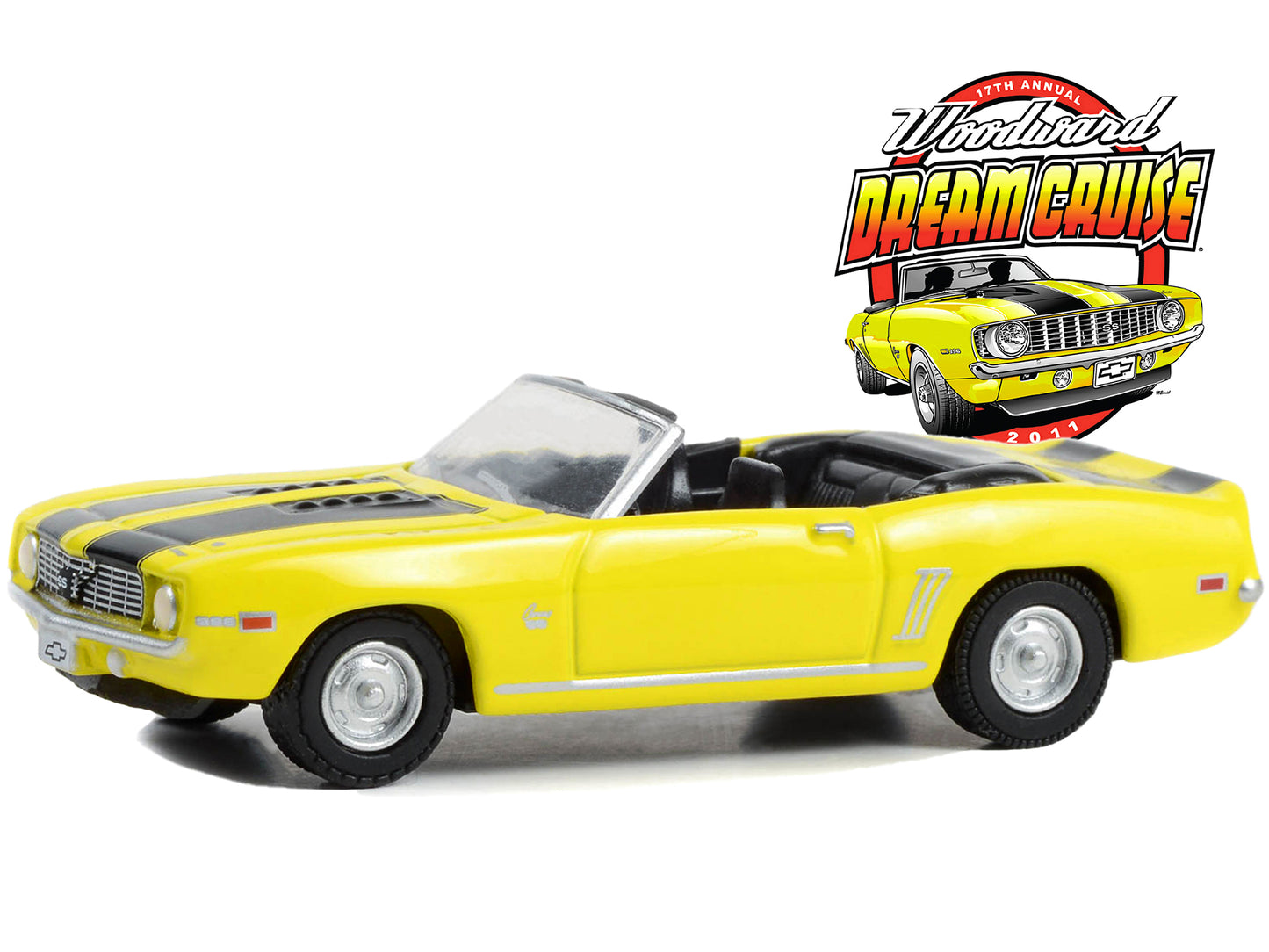 GreenLight 1969 Chevrolet Camaro SS Convertible Yellow with Black Stripes "17th Annual Woodward Dream Cruise Featured Heritage Vehicle" (2011) "Woodward Cruise" Series 1 1/64 Diecast Model Car by Coll