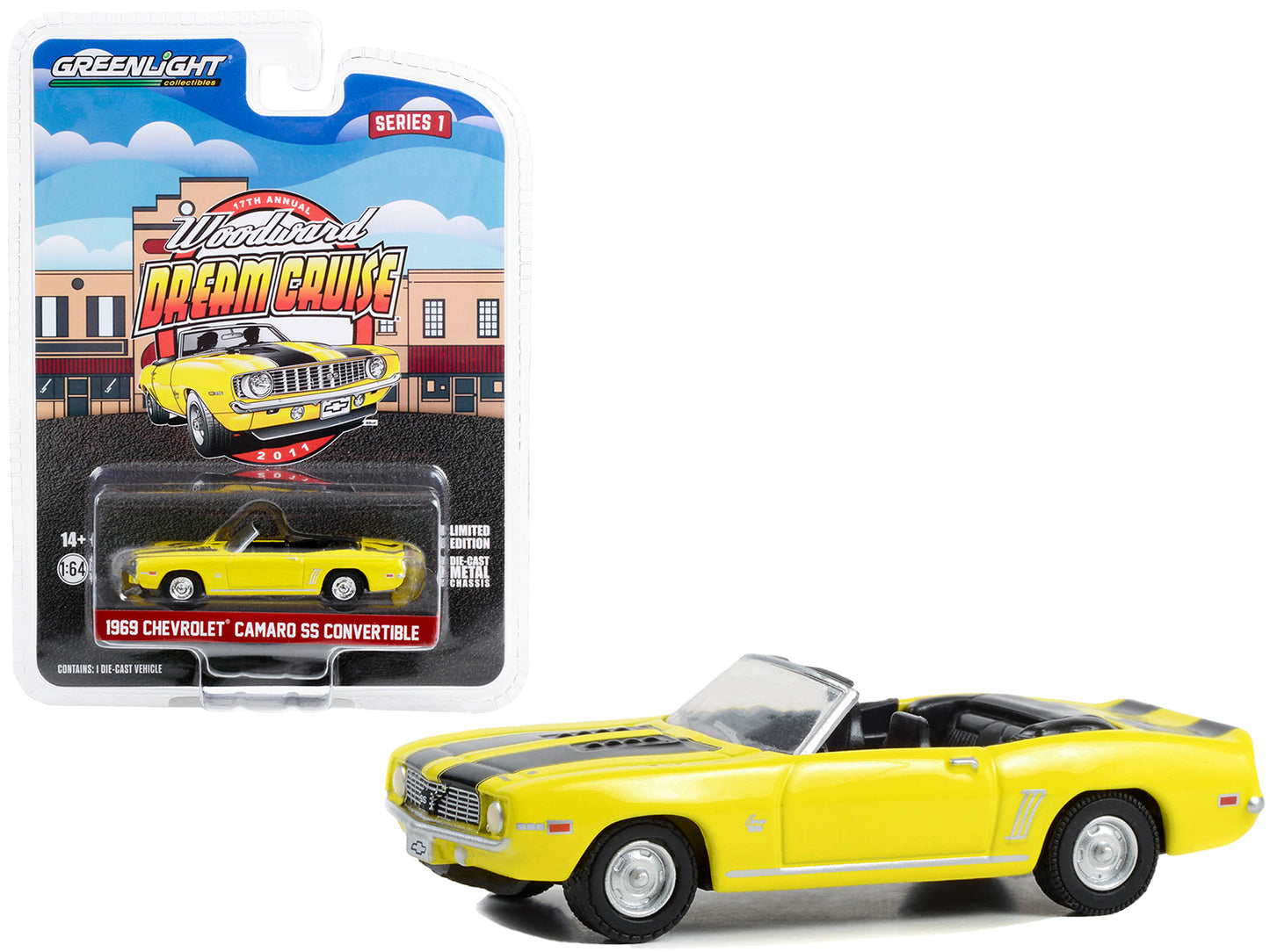 GreenLight 1969 Chevrolet Camaro SS Convertible Yellow with Black Stripes "17th Annual Woodward Dream Cruise Featured Heritage Vehicle" (2011) "Woodward Cruise" Series 1 1/64 Diecast Model Car by Coll