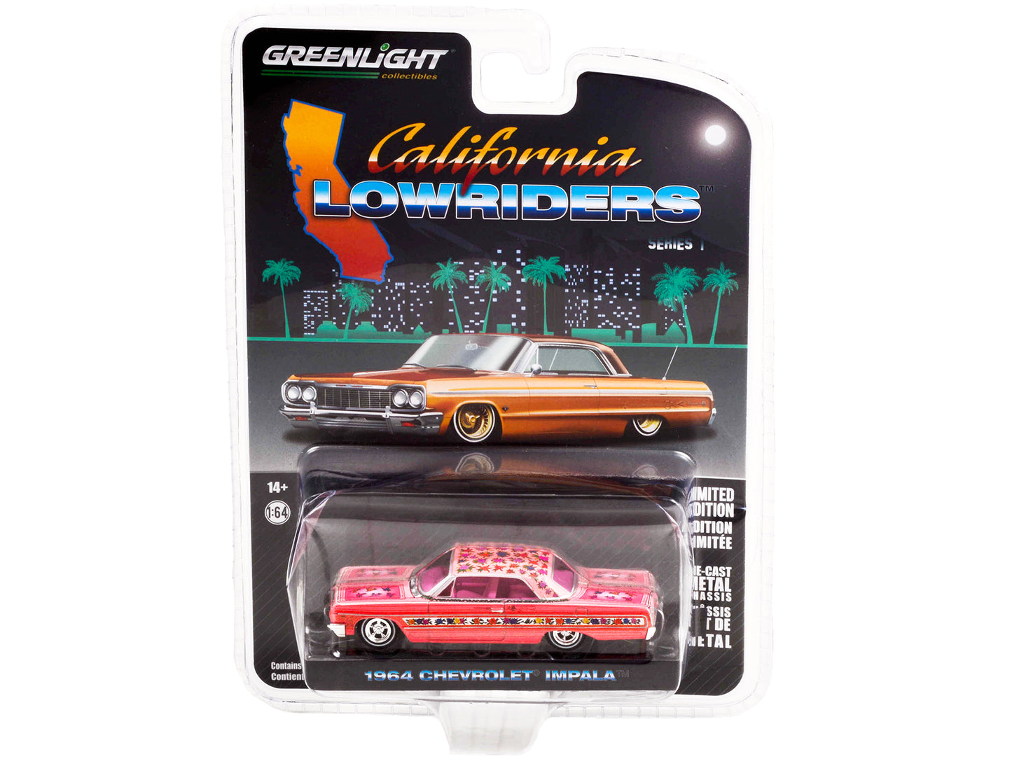 1964 Chevrolet Impala Lowrider Pink Metallic with Rose Graphics and Pink Interior "California Lowriders" Release 1 1/64 Diecast Model Car by Greenlight