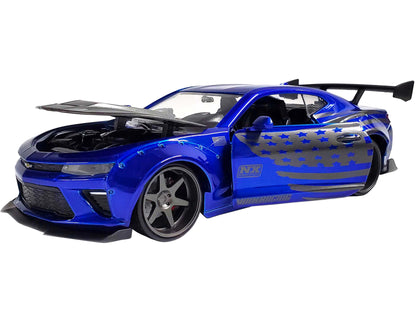 2016 Chevrolet Camaro Widebody Candy Blue with Gray Metallic Hood and American Flag Graphics "Bigtime Muscle" Series 1/24 Diecast Model Car by Jada <h2>2016 Jada</h2> <p>High-quality perfect for colle