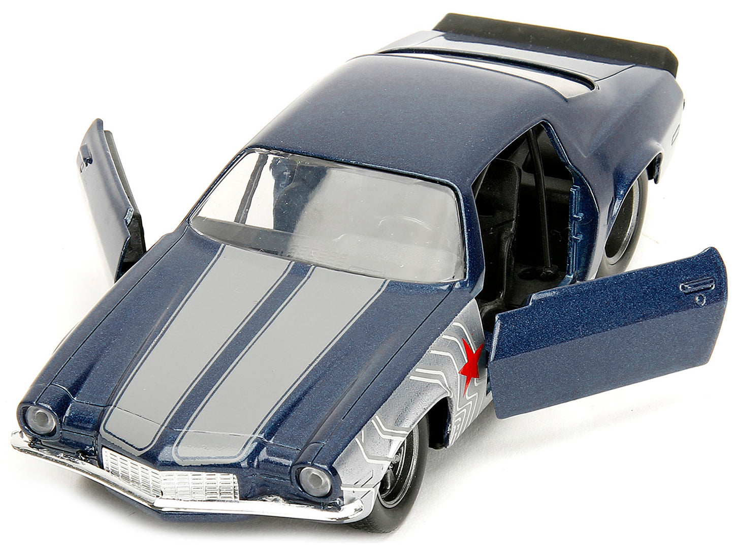 1973 Chevrolet Camaro Dark Blue Metallic with Gray Stripes and Winter Soldier Diecast Figure "Marvel Avengers" "Hollywood Rides" Series 1/32 Model Car by Jada <h2>1973 Jada</h2> <p>High-quality perfec