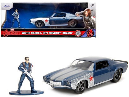 1973 Chevrolet Camaro Dark Blue Metallic with Gray Stripes and Winter Soldier Diecast Figure "Marvel Avengers" "Hollywood Rides" Series 1/32 Model Car by Jada <h2>1973 Jada</h2> <p>High-quality perfec