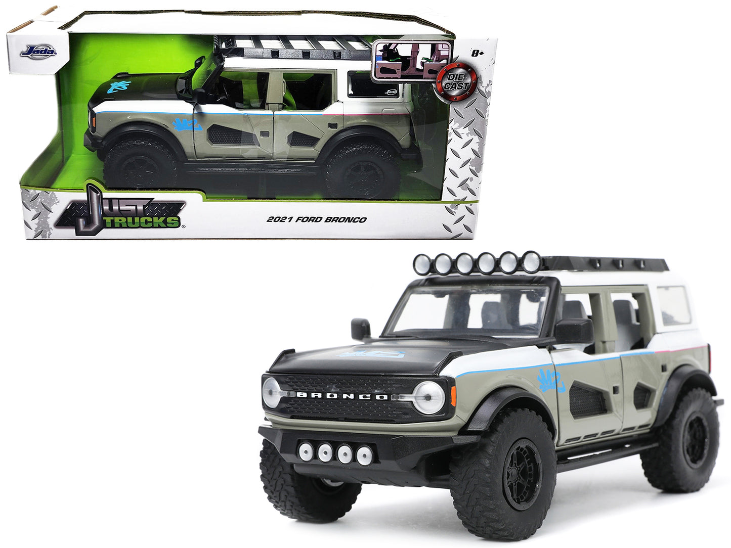 2021 Ford Bronco Gray and White with Matt Black Hood Roof Rack "M2 Motoring" "Just Trucks" Series 1/24 Diecast Model Car by Jada <h2>2021 Jada</h2> <p>High-quality perfect for collectors enthusiasts.