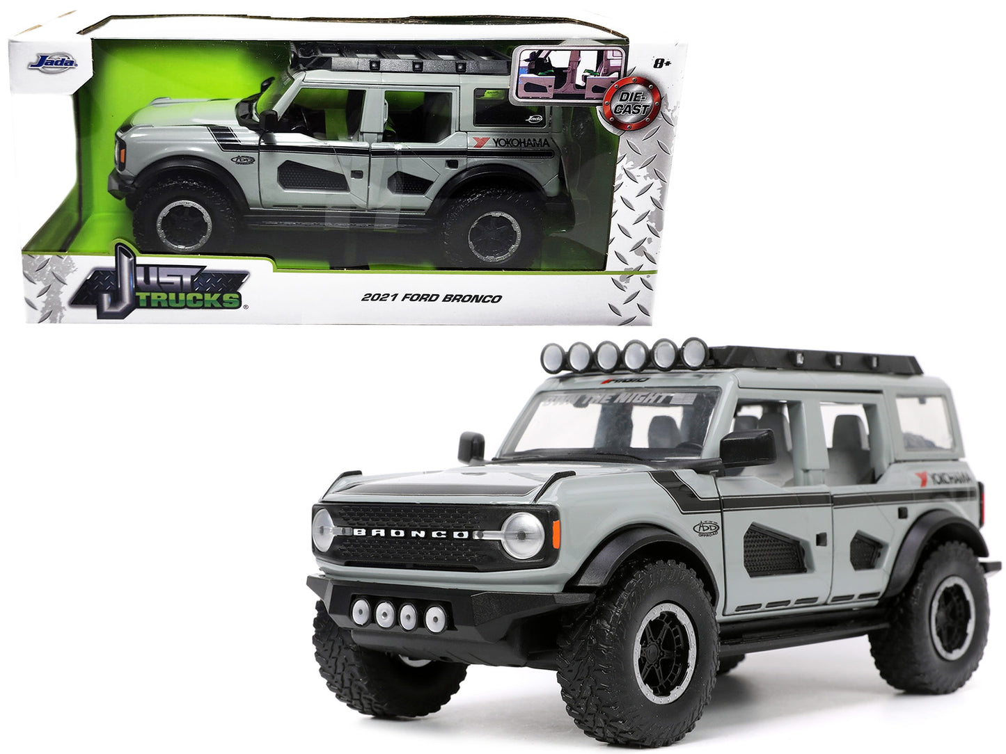 2021 Ford Bronco Gray with Black Stripes Roof Rack "Own the Night" "Just Trucks" Series 1/24 Diecast Model Car by Jada <h2>2021 Jada</h2> <p>High-quality perfect for collectors and enthusiasts. Featur
