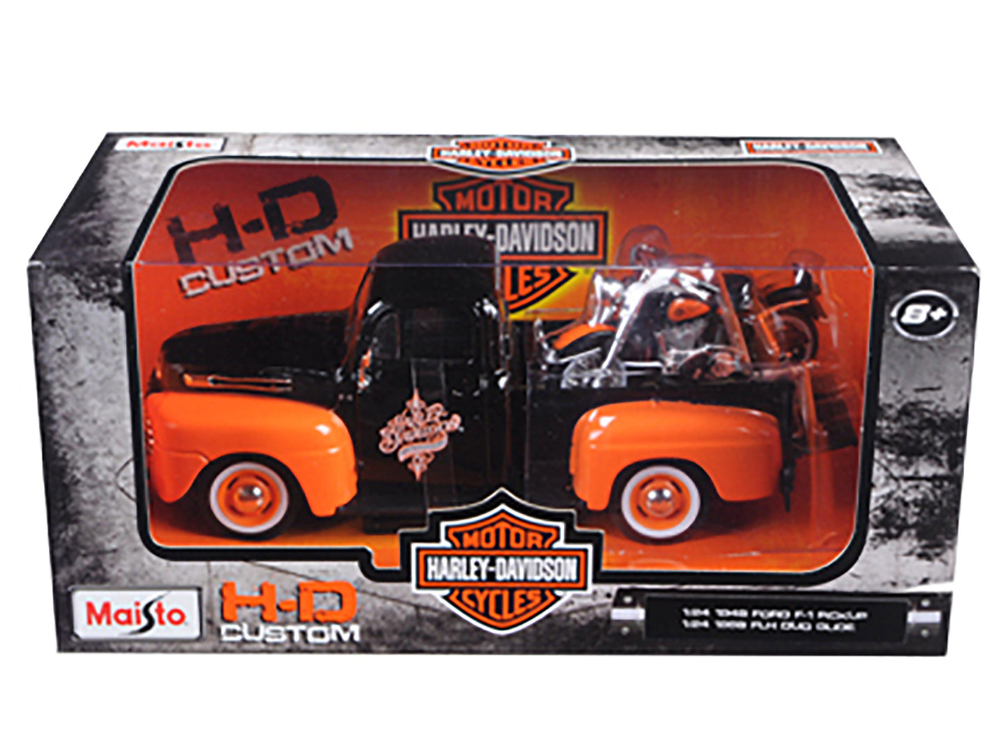 1948 Ford F-1 Pickup Truck with 1958 Harley Davidson FLH Duo Glide Motorcycle Orange and Black 1/24 Diecast Models by Maisto