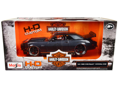 Maisto 1968 Chevrolet Camaro Z/28 Dark Gray Metallic with Black and Orange Stripes "Harley Davidson" "H-D Custom" 1/24 Diecast Model Car by <h2>1968 Maisto</h2> <p>High-quality perfect for collectors