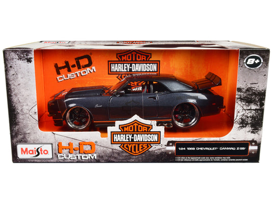 1968 Chevrolet Camaro Z/28 Dark Gray Metallic with Black and Orange Stripes "Harley Davidson" "H-D Custom" 1/24 T&y Diecast Model Car by Maisto