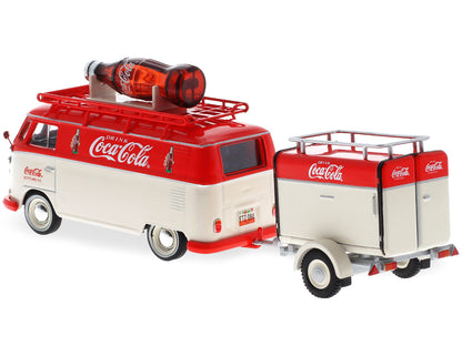 1960 Volkswagen T1 Kombi Van with Trailer Red and Cream "Coca Cola" 1/43 T&y Diecast Model Car by Motorcity Classics