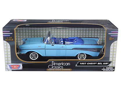 1957 Chevrolet Bel Air Convertible Light Blue with Interior 1/18 Diecast Model Car by Motormax <h2>1957 Motormax</h2> <p>High-quality perfect for collectors and enthusiasts. Features detailed exterior