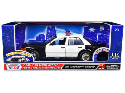 2001 Ford Crown Victoria Police Car Plain Black & White with Flashing Light Bar Front and Rear Lights Sound 1/18 Diecast Model by Motormax <h2>2001 Motormax</h2> <p>High-quality perfect for collectors
