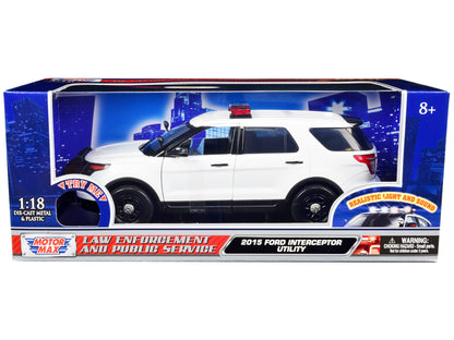2015 Ford Police Interceptor Utility White with Flashing Light Bar and Front Rear Lights 2 Sounds 1/18 Diecast Model Car by Motormax <h2>2015 Motormax</h2> <p>High-quality perfect for collectors enthu