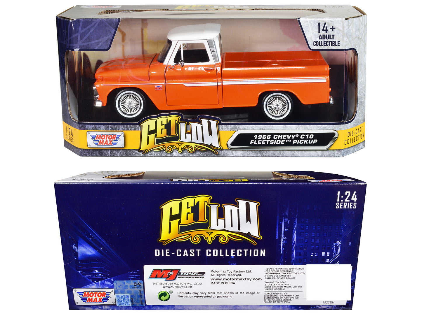 1966 Chevrolet C10 Fleetside Pickup Truck Lowrider Orange Metallic with White Top "Get Low" Series 1/24 Diecast Model Car by Motormax <h2>1966 Motormax</h2> <p>High-quality perfect for collectors and