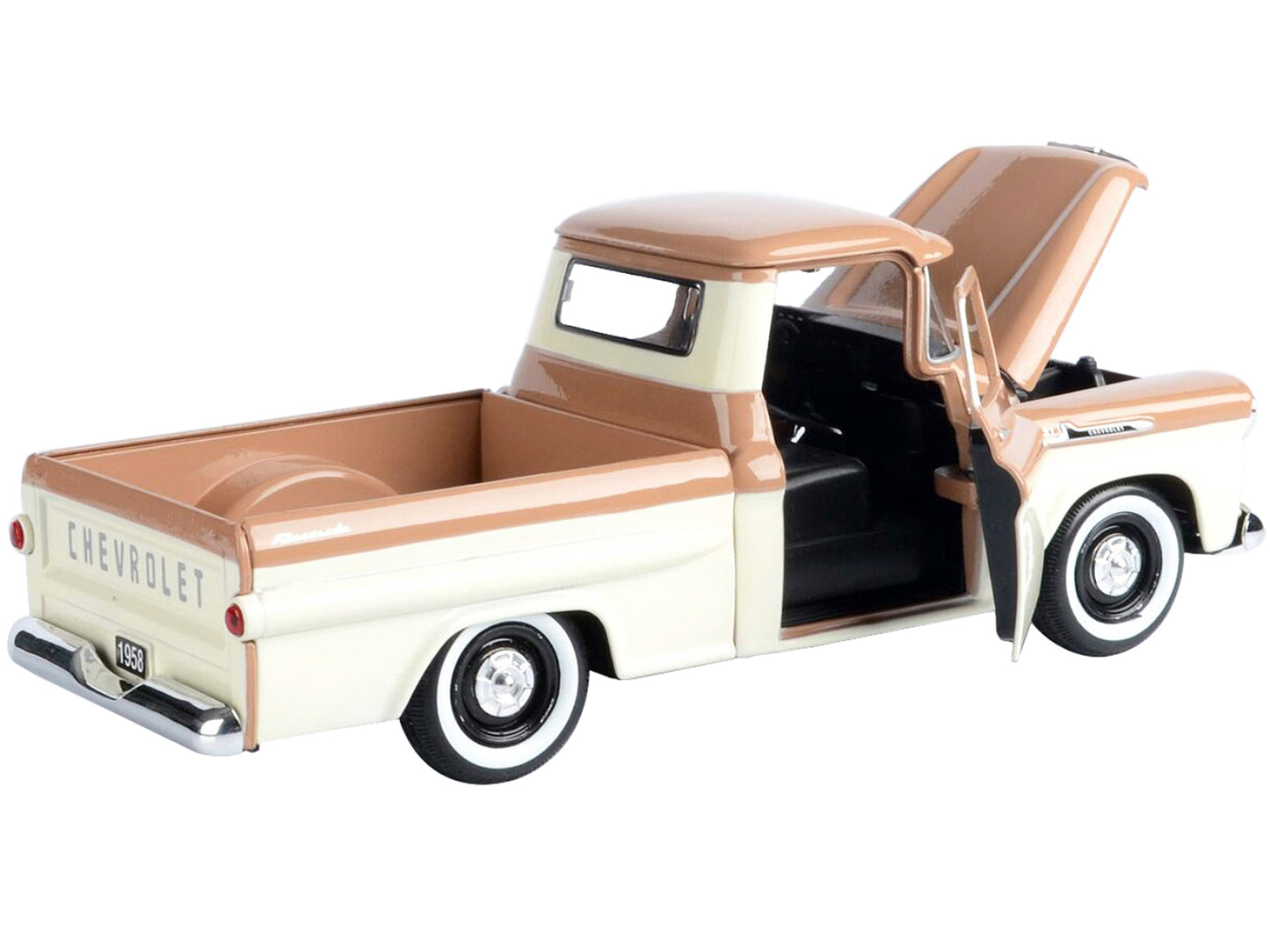 1958 Chevrolet Apache Fleetside Pickup Truck Brown and Beige 1/24 Diecast Model Car by Motormax <h2>1958 Motormax</h2> <p>High-quality perfect for collectors enthusiasts. Features detailed interior ex