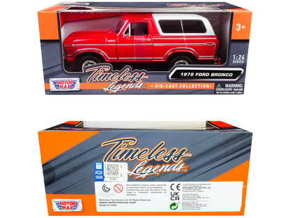 1978 Ford Bronco Custom Red and White "Timeless Legends" Series 1/24 Diecast Model Car by Motormax <h2>1978 Motormax</h2> <p>High-quality perfect for collectors enthusiasts. Features detailed interior