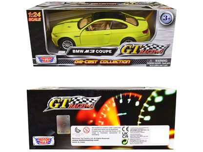 BMW M3 Coupe Neon Yellow with Matt Black Top and Stripes "GT Racing" Series 1/24 Diecast Model Car by Motormax <h2>BMW Motormax</h2> <p>High-quality perfect for collectors enthusiasts. Features detail