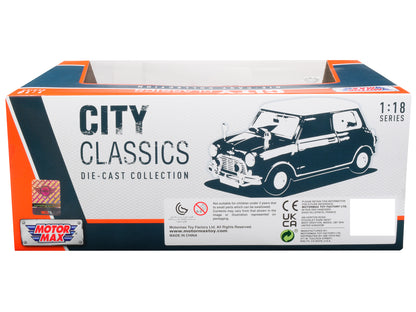 1961-1967 Morris Mini Cooper RHD (Right Hand Drive) Dark Blue with British Flag on the Top and Roof Rack "City Classics" Series 1/18 Diecast Model Car by Motormax <h2>1961-1967 Motormax</h2> <p>High-q