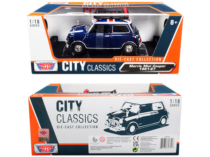 1961-1967 Morris Mini Cooper RHD (Right Hand Drive) Dark Blue with British Flag on the Top and Roof Rack "City Classics" Series 1/18 Diecast Model Car by Motormax <h2>1961-1967 Motormax</h2> <p>High-q