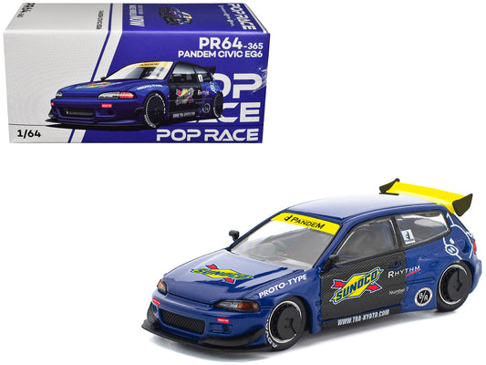 Pandem Civic EG6 RHD (Right Hand Drive) "Sunoco" Blue Metallic with Yellow Accents 1/64 T&y Diecast Model Car by Pop Race