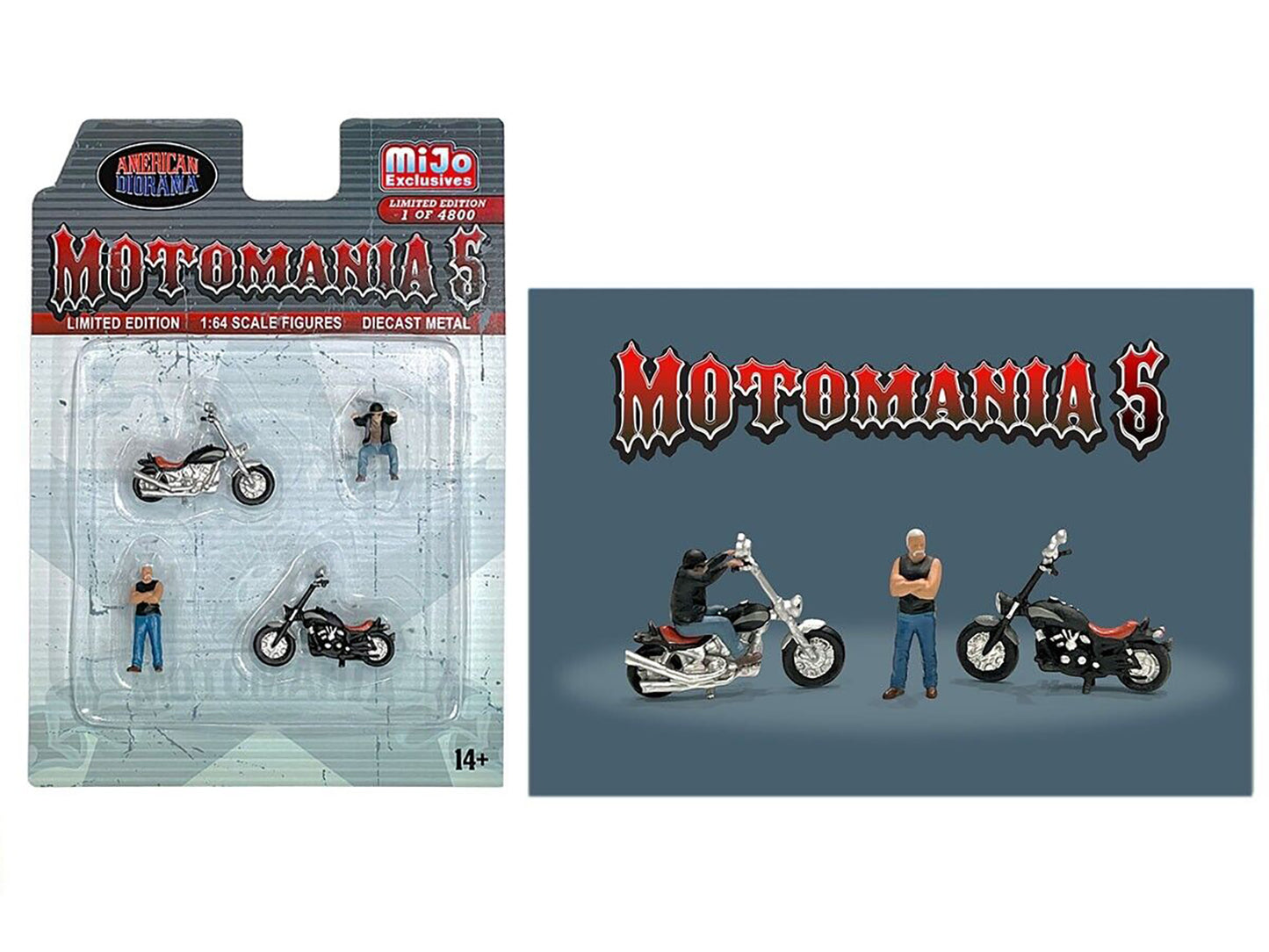 "Motomania 5" 4 piece Diecast Set (2 Figures and 2 Motorcycles) Limited Edition to 4800 pieces Worldwide for 1/64 Scale Models by American Diorama <h2>"Motomania Diorama</h2> <p>High-quality model car