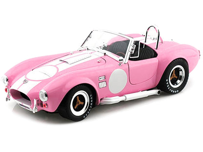 1965 Shelby Cobra 427 S/C Pink with White Stripes with Printed Carroll Shelby Signature's on the Trunk 1/18 Diecast Model Car by Shelby Collectibles