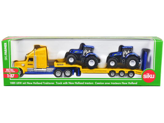 Tractor Truck Yellow with 2 New Holland T7070 Tractors Blue 1/87 (HO) T&y Diecast Models by Siku
