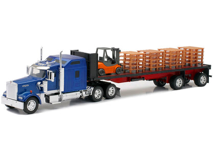 Kenworth W900 Truck Flatbed Trailer Blue Forklift 1/32 Diecast Model - New Ray