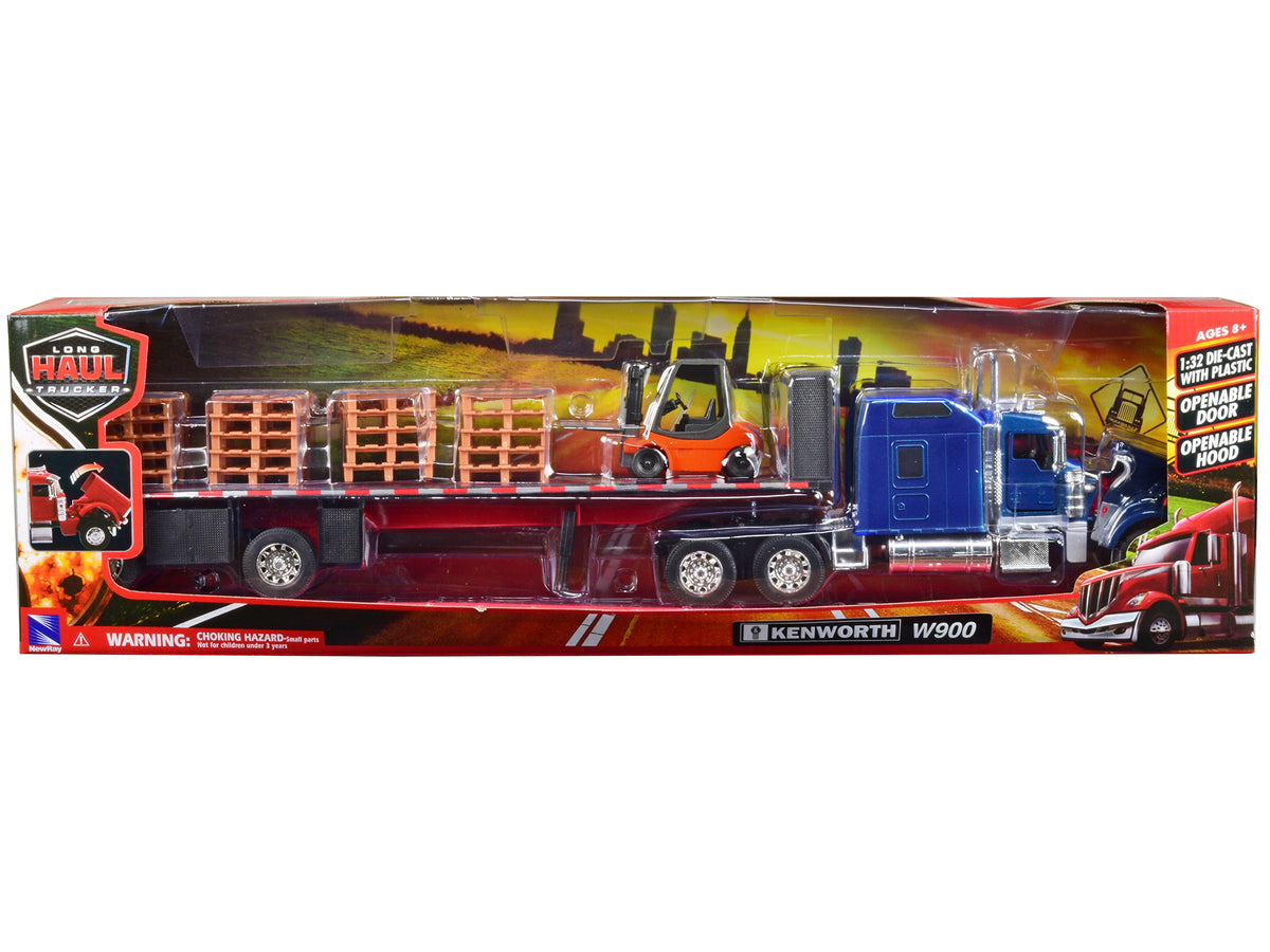 Kenworth W900 Truck Flatbed Trailer Blue Forklift 1/32 Diecast Model - New Ray